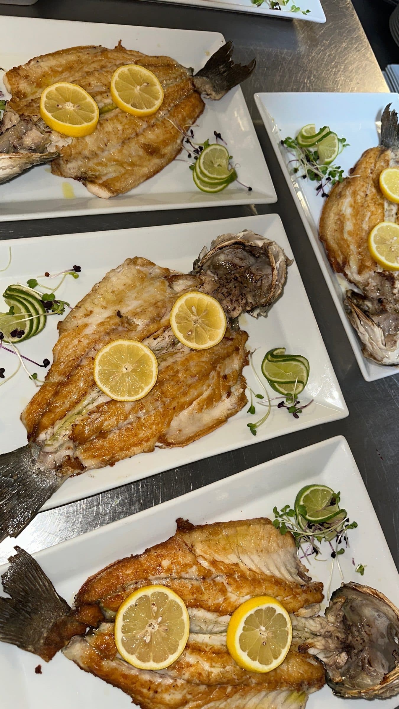 Pan-fried fish fillets with lemon on white plates
