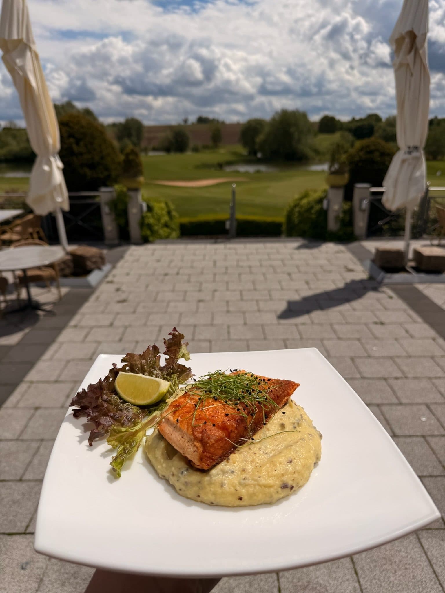 Lachsfilet auf Kartoffelpüree, serviert auf der Terrasse mit Blick auf den Golfplatz